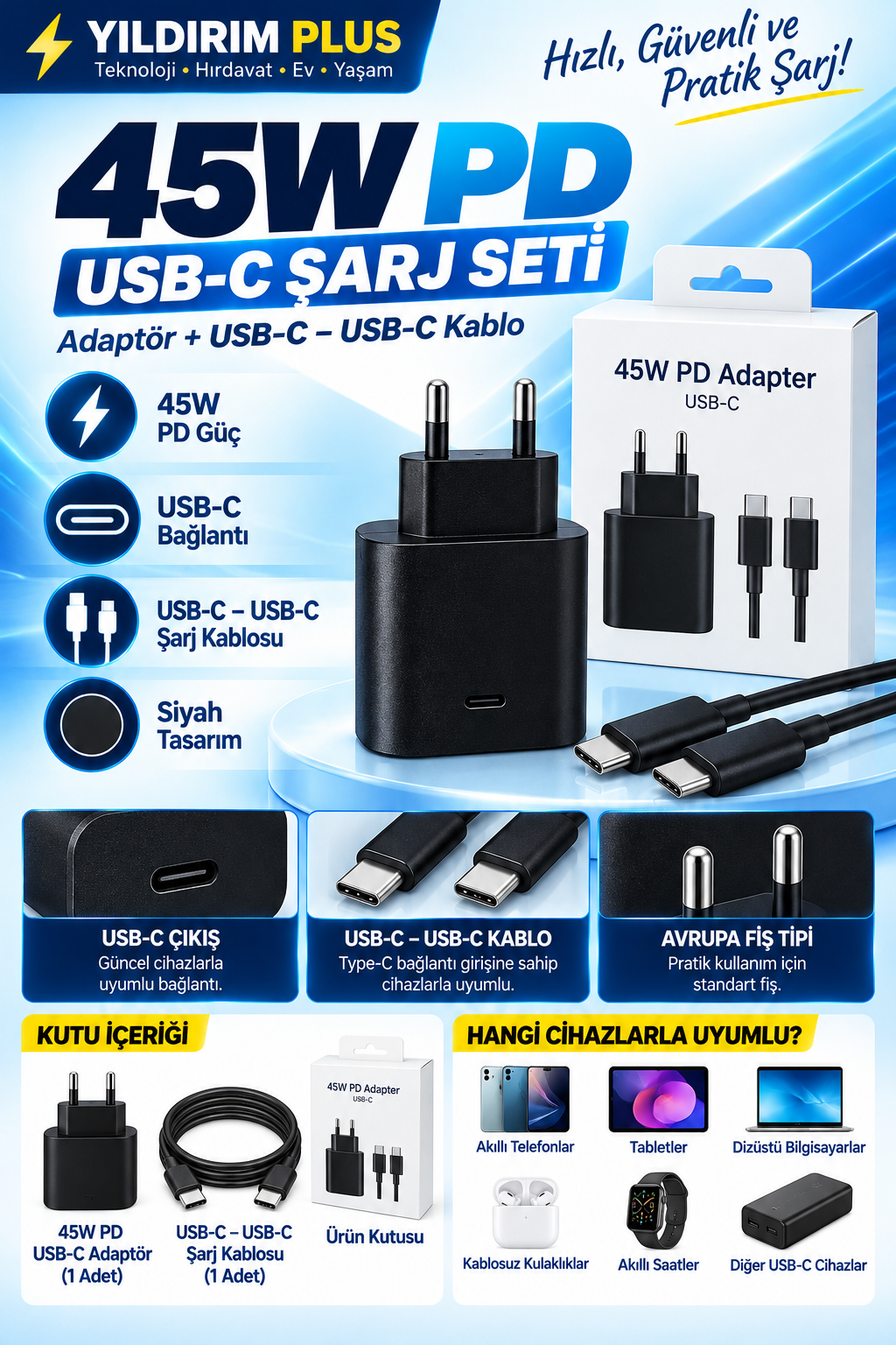 45w pd usb c Şarj seti 45w pd usb c Şarj seti