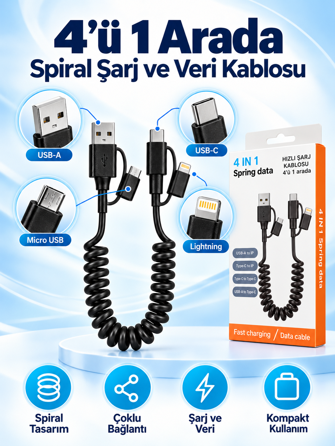 4u 1 arada spiral sarj kablosu detay 4’ü 1 Arada Spiral Şarj ve Veri Kablosu USB-A USB-C Lightning ve Micro USB bağlantı detayları
