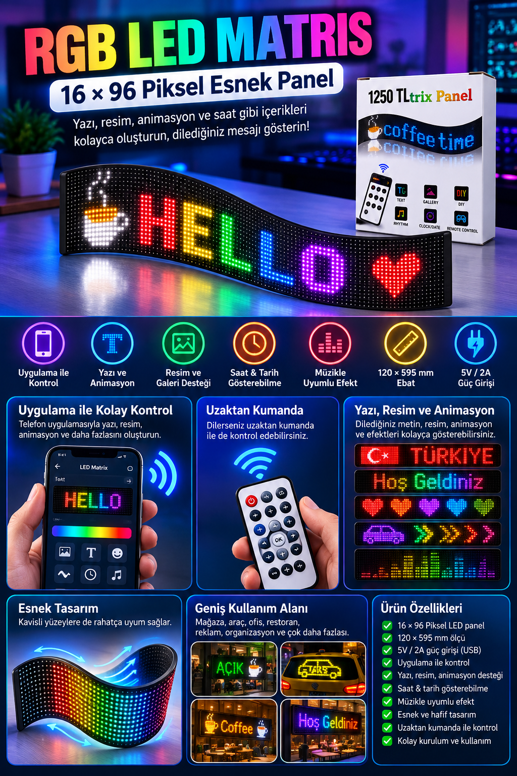 6×96 rgb led matris esnek panel – uygulama kontrollü yazı ve animasyon ekranı 16x96 RGB uygulama kontrollü esnek LED matris yazı ve animasyon paneli
