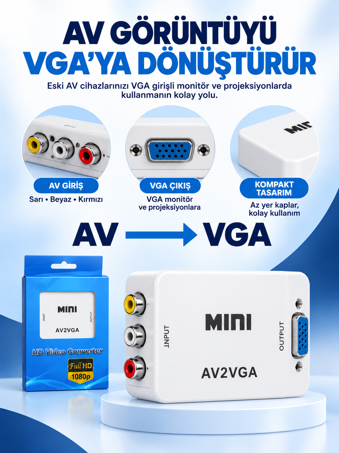 9372 av vga detay MINI AV girişten VGA çıkışa görüntü dönüştürücü portları