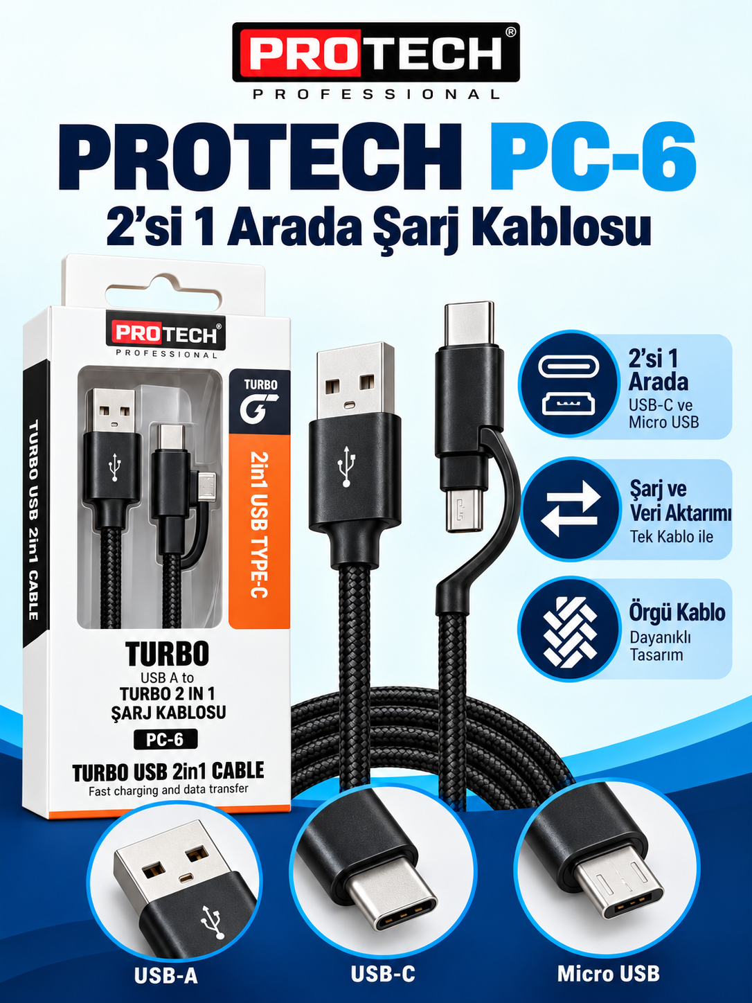 9385 protech pc6 detay PROTECH PC-6 USB-A girişli USB-C ve Micro USB uçlu örgülü şarj kablosu