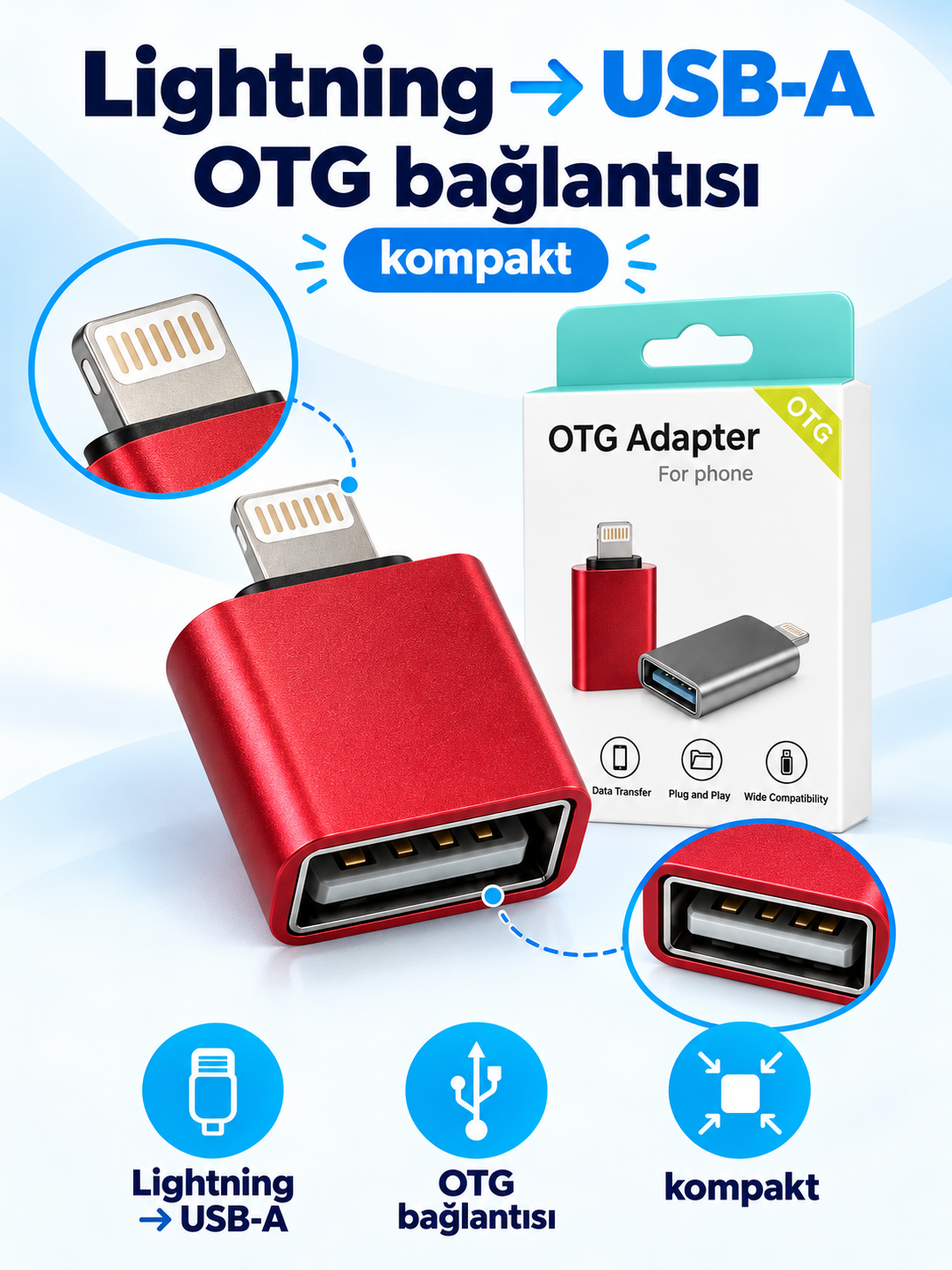 9388 lightning otg detay Kırmızı Lightning erkek USB-A dişi OTG adaptörü