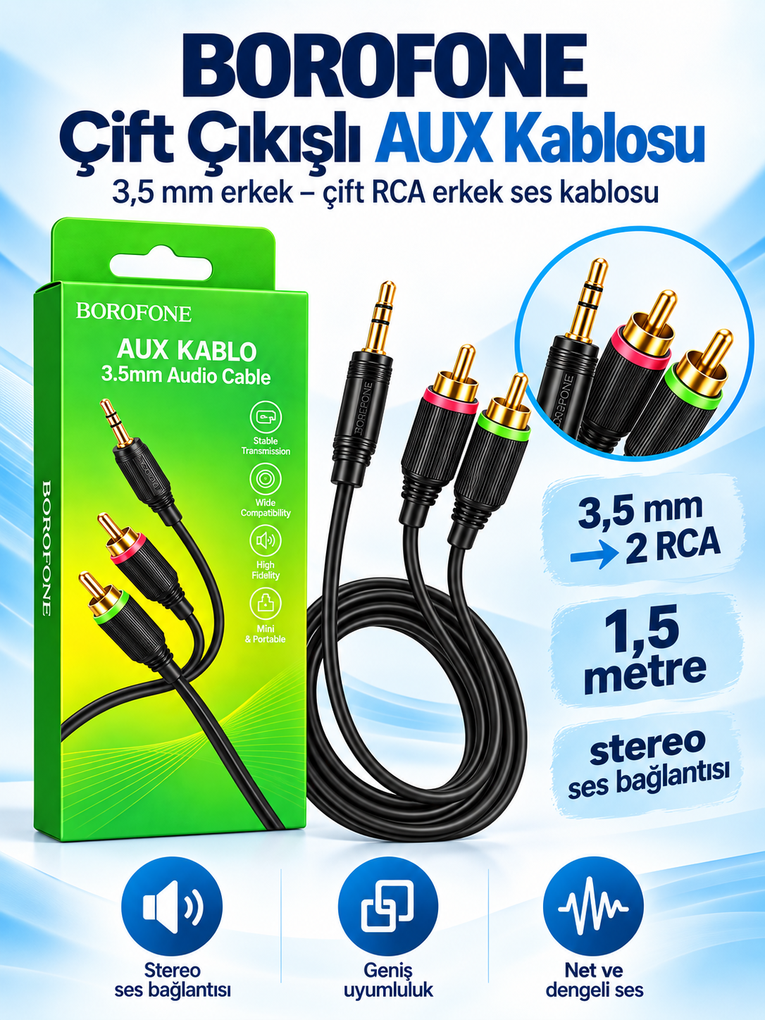 9393 borofone aux detay Borofone 1,5 metre 3,5 mm erkek uçtan çift RCA erkek uca ses kablosu