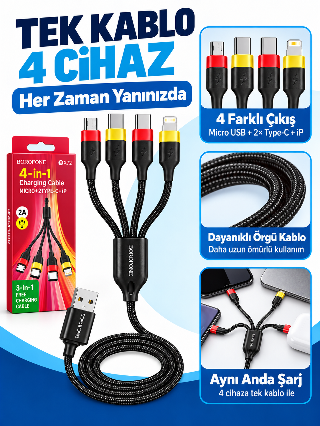 9395 borofone bx72 detay Borofone BX72 dört uçlu örgülü şarj kablosu USB-A Micro USB Type-C Lightning