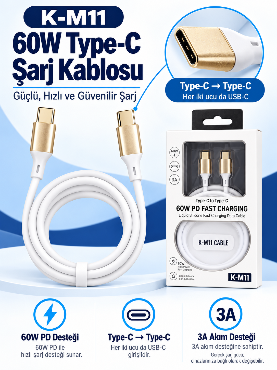 9396 km11 60w detay K-M11 60W PD beyaz Type-C Type-C şarj kablosu altın renkli uçlar