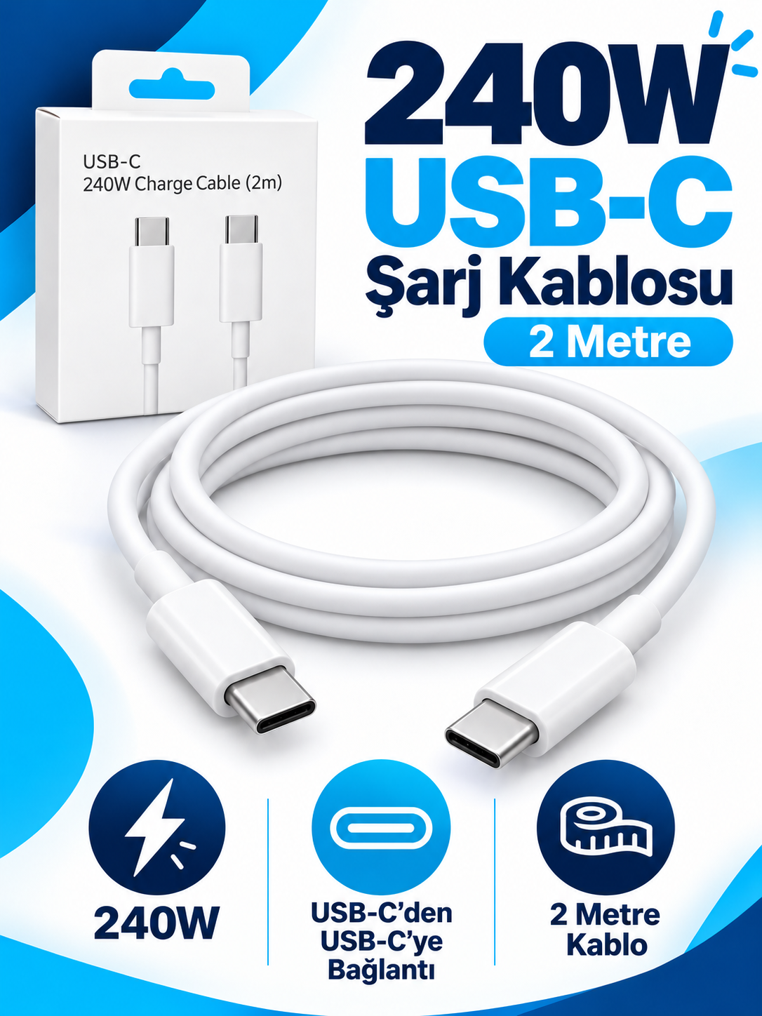 9405 usbc 240w 2m detay 240W USB-C Şarj Kablosu 2 Metre, USB-C uçları ve beyaz kablo detayı