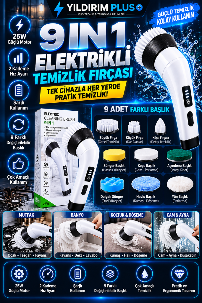 9’u 1 arada elektrikli temizlik fırçası