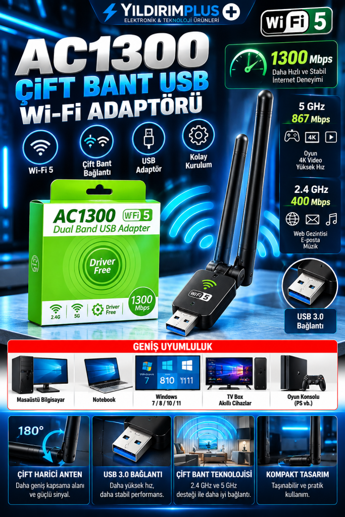 ac1300 Çift bant usb wi‑fi adaptörü