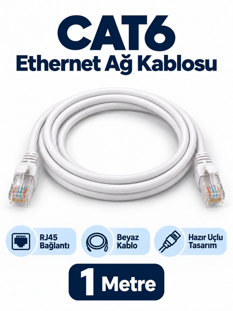 CAT6 1 Metre Beyaz RJ45 Ethernet Ağ Kablosu ürün bannerı