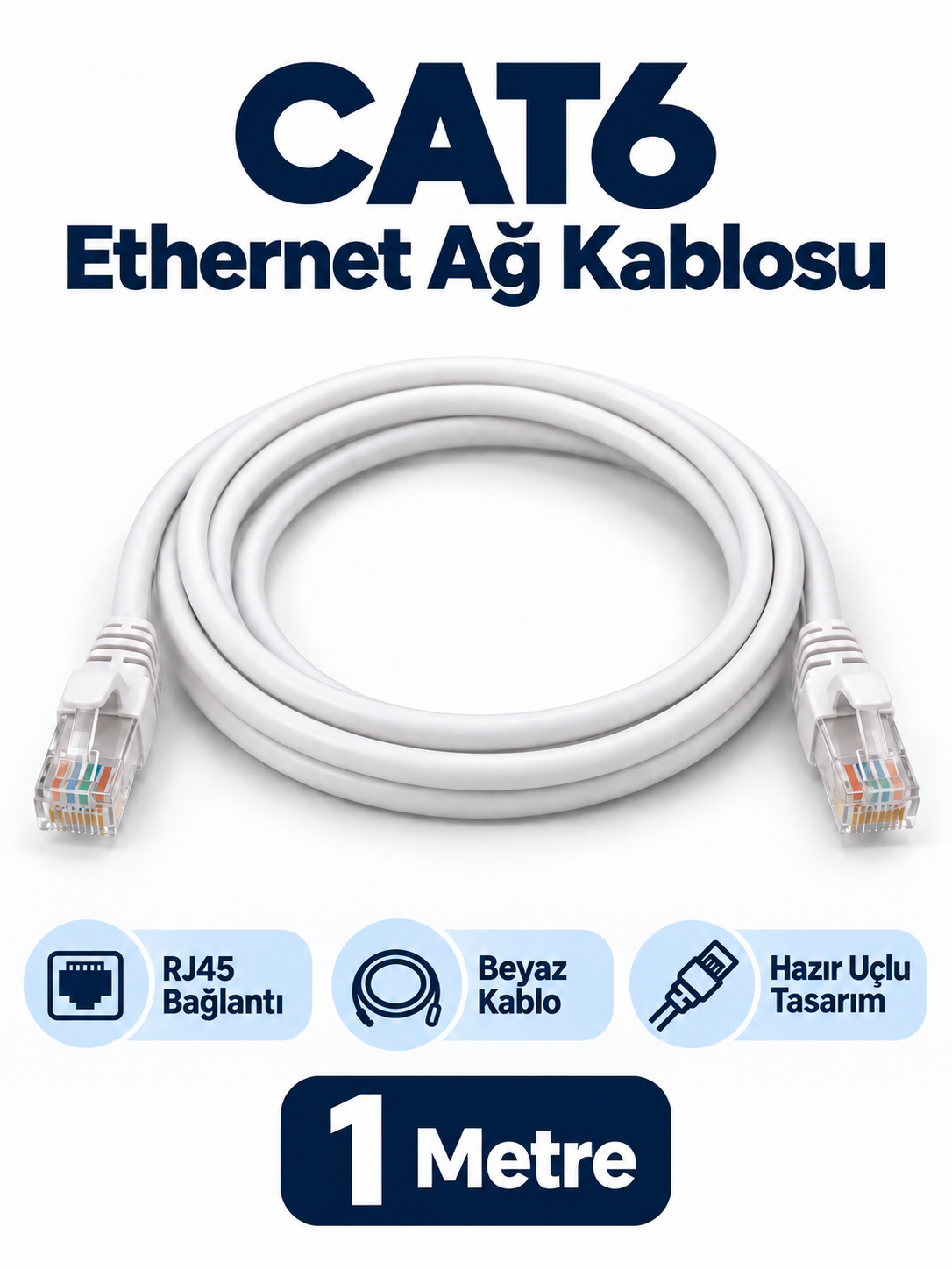 cat6 01 metre CAT6 1 Metre Beyaz RJ45 Ethernet Ağ Kablosu ürün bannerı