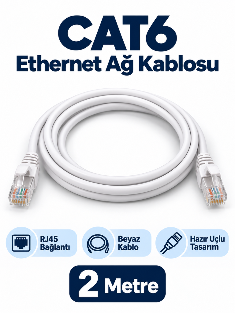 CAT6 2 Metre Beyaz RJ45 Ethernet Ağ Kablosu ürün bannerı