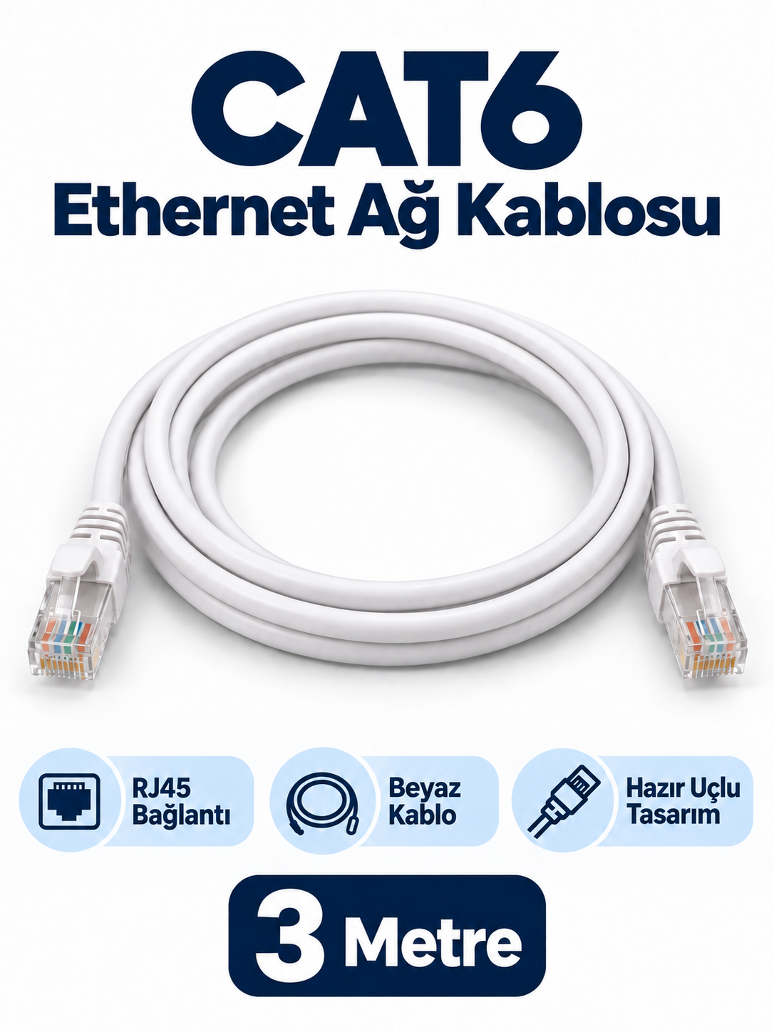 cat6 03 metre CAT6 3 Metre Beyaz RJ45 Ethernet Ağ Kablosu ürün bannerı