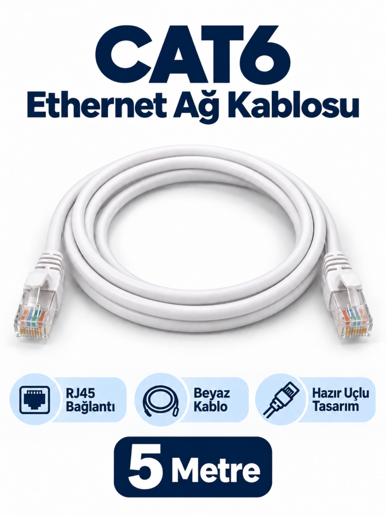 CAT6 5 Metre Beyaz RJ45 Ethernet Ağ Kablosu ürün bannerı