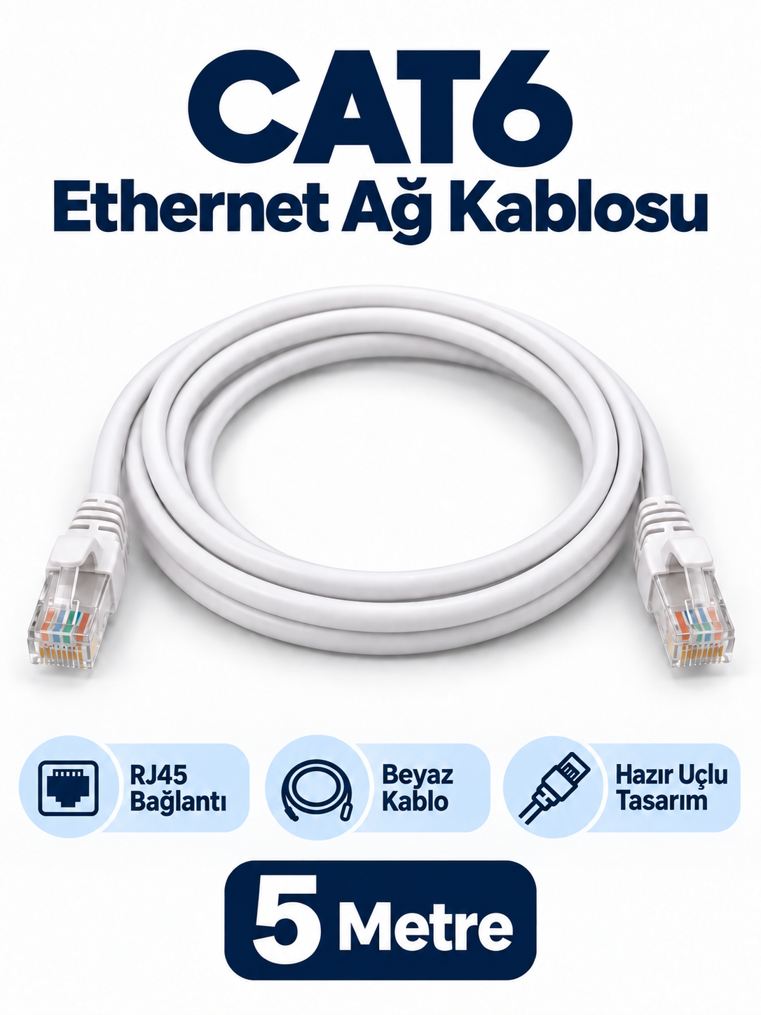 cat6 05 metre CAT6 5 Metre Beyaz RJ45 Ethernet Ağ Kablosu ürün bannerı