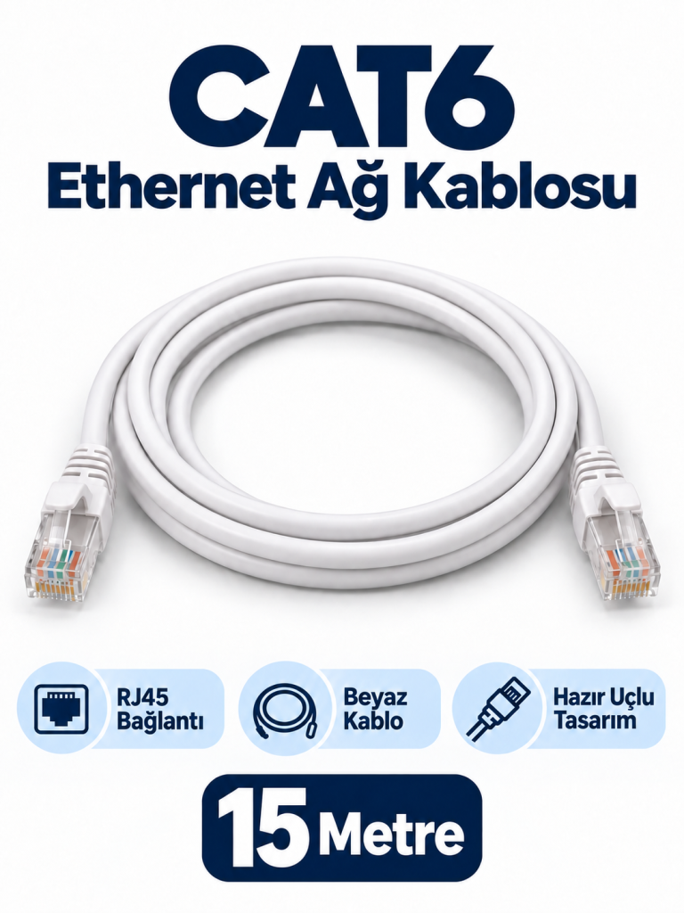 CAT6 15 Metre Beyaz RJ45 Ethernet Ağ Kablosu ürün bannerı