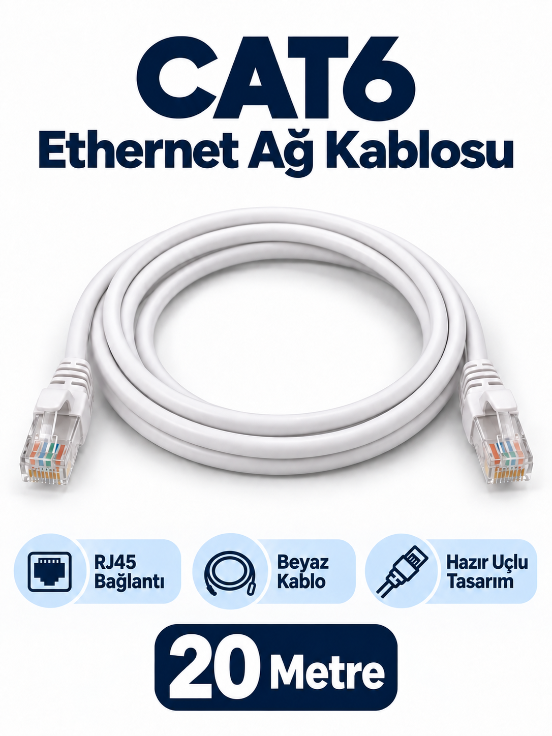cat6 20 metre CAT6 20 Metre Beyaz RJ45 Ethernet Ağ Kablosu ürün bannerı