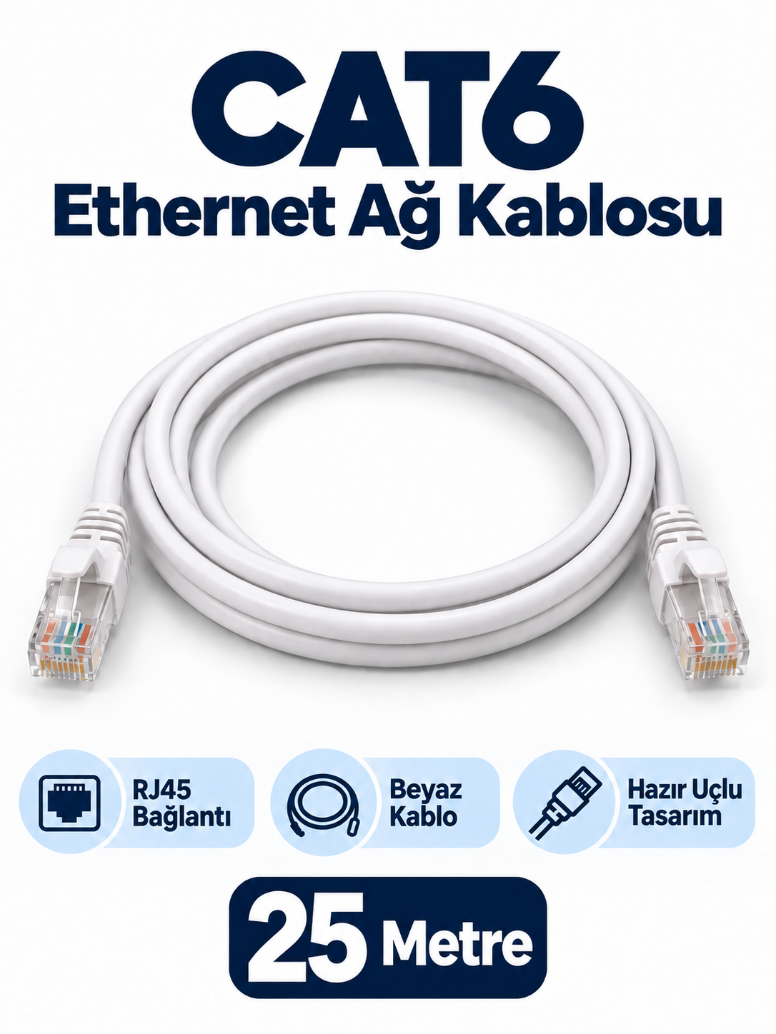 cat6 25 metre CAT6 25 Metre Beyaz RJ45 Ethernet Ağ Kablosu ürün bannerı
