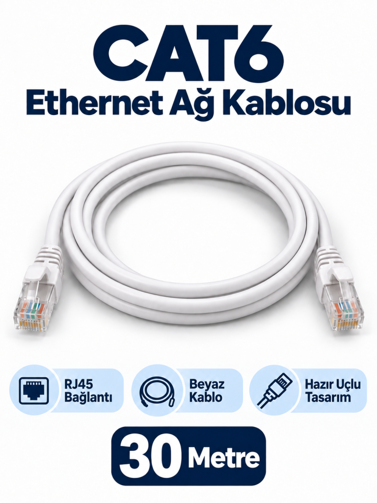 CAT6 30 Metre Beyaz RJ45 Ethernet Ağ Kablosu ürün bannerı