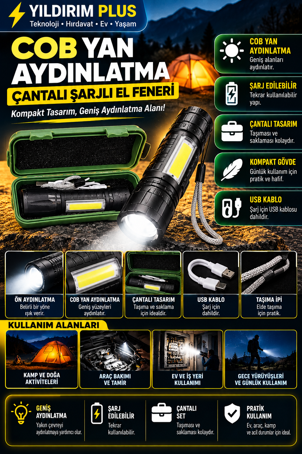 Çantalı cob yan aydınlatmalı el feneri Çantalı cob yan aydınlatmalı el feneri