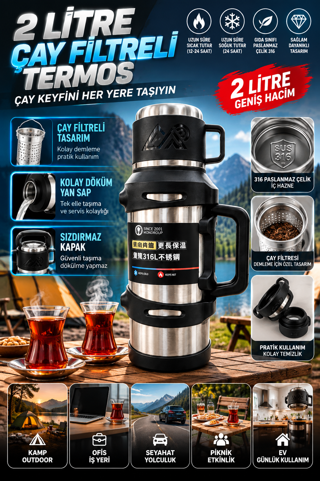 2 Litre Çay Filtreli Taşıma Saplı Termos – Büyük Boy Demleme Termosu 2 Litre Çay Filtreli Taşıma Saplı Termos – Büyük Boy Demleme Termosu