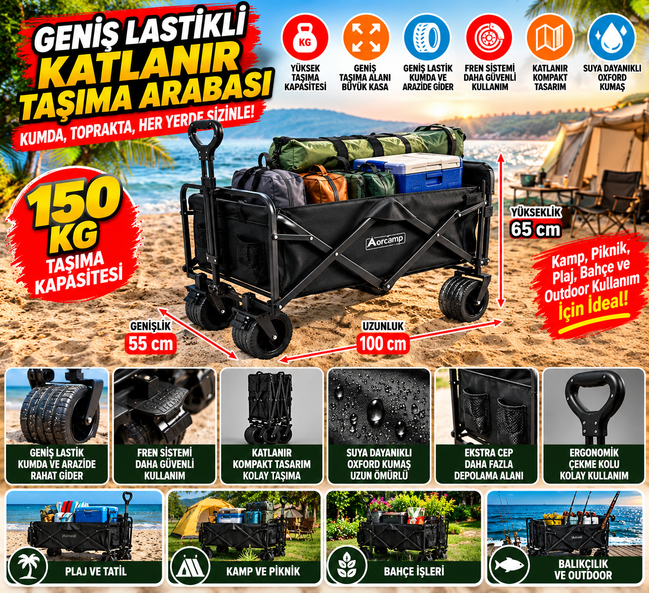 Geniş lastikli frenli büyük boy katlanır kamp ve plaj taşıma arabası Geniş lastikli frenli büyük boy katlanır kamp ve plaj taşıma arabası