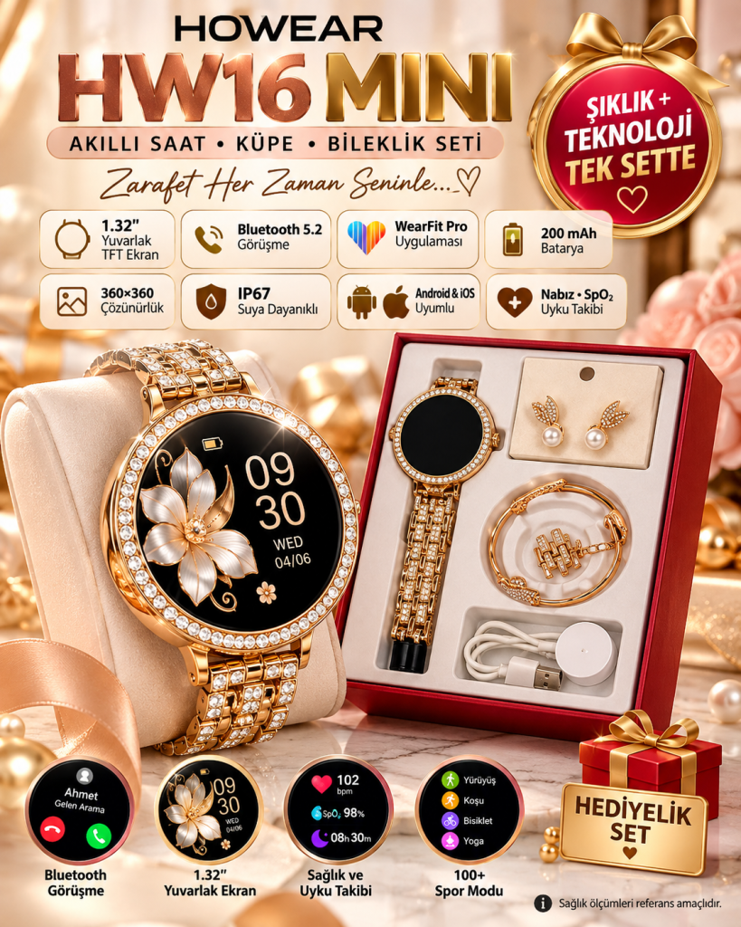HOWEAR HW16 Mini kadın akıllı saat küpe ve bileklik takı seti