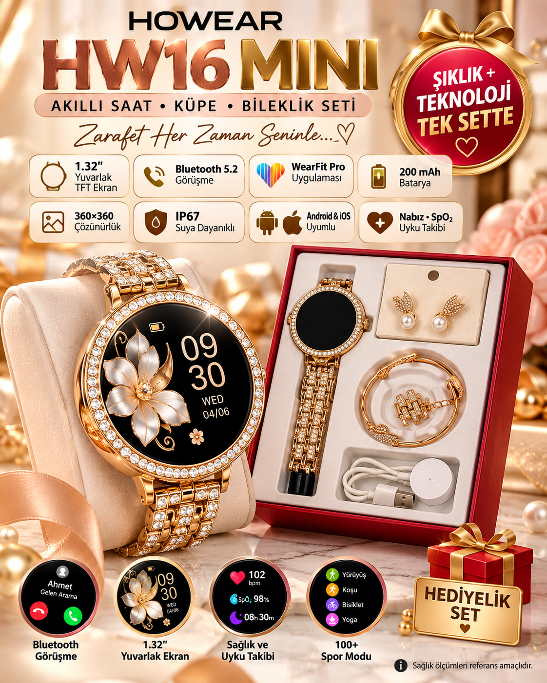 HOWEAR HW16 Mini kadın akıllı saat küpe ve bileklik takı seti HOWEAR HW16 Mini kadın akıllı saat küpe ve bileklik takı seti
