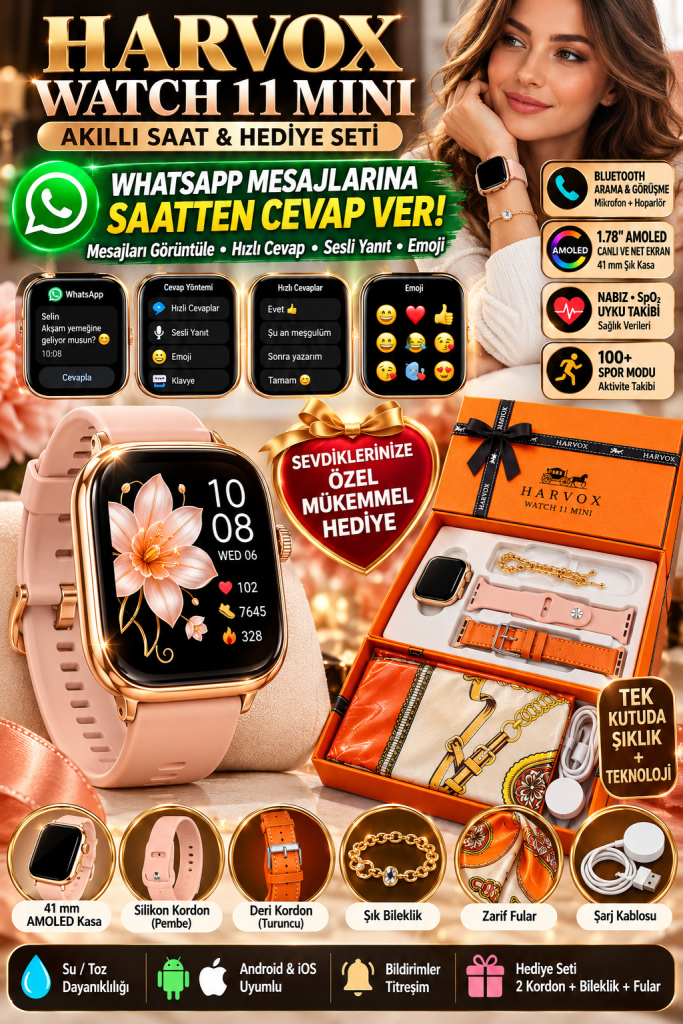 HARVOX Watch 11 Mini Hediye Seti Çift kordonlu bileklik ve fularlı akıllı saat
