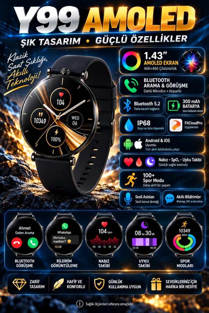 Y99 AMOLED ekranlı yuvarlak akıllı saat