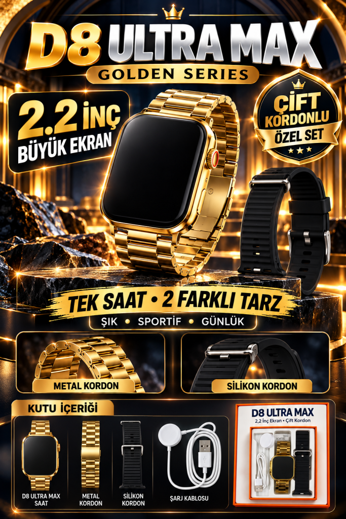 D8 Ultra Max Golden Series 2.2" Akıllı Saat – Metal + Silikon Çift Kordon