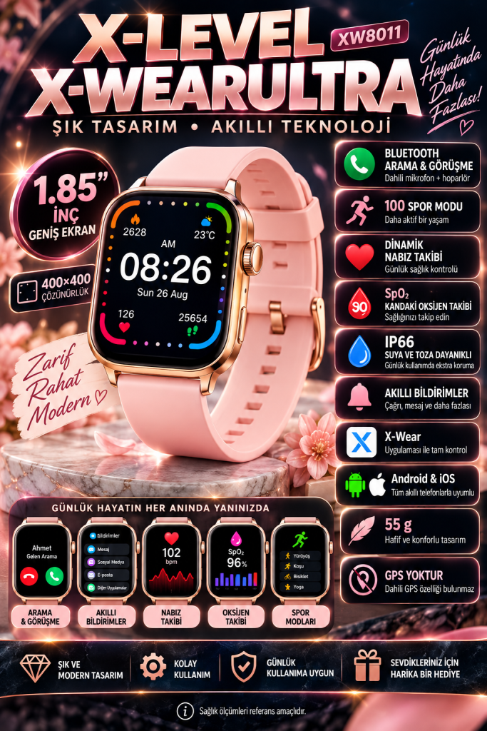 X-LEVEL XW8011 X-WearUltra 1.85" Bluetooth Görüşmeli Akıllı Saat – Rose Gold/Pembe