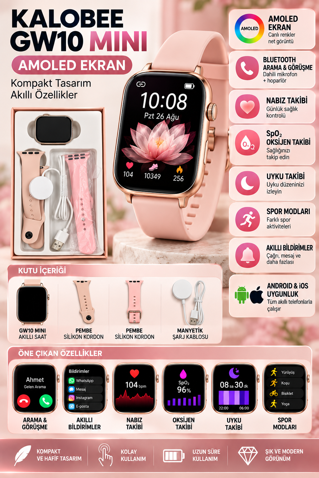 Kalobee GW10 Mini AMOLED ekranlı pembe kordonlu mini akıllı saat Kalobee GW10 Mini AMOLED ekranlı pembe kordonlu mini akıllı saat
