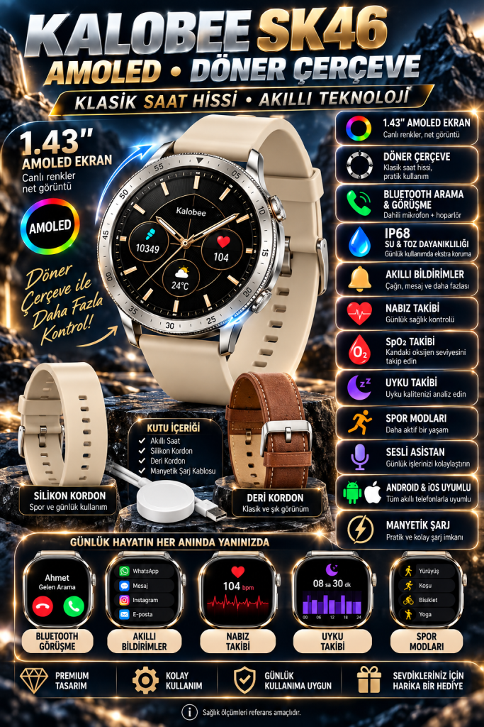 Kalobee SK46 1.43" AMOLED Akıllı Saat – Döner Çerçeve, Bluetooth Görüşme, Çift Kordon