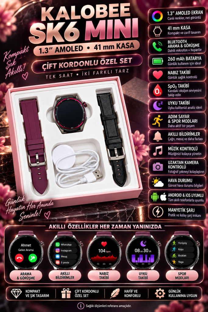 Kalobee SK6 Mini 1.3" AMOLED Akıllı Saat – Bluetooth Görüşme, Çift Kordon
