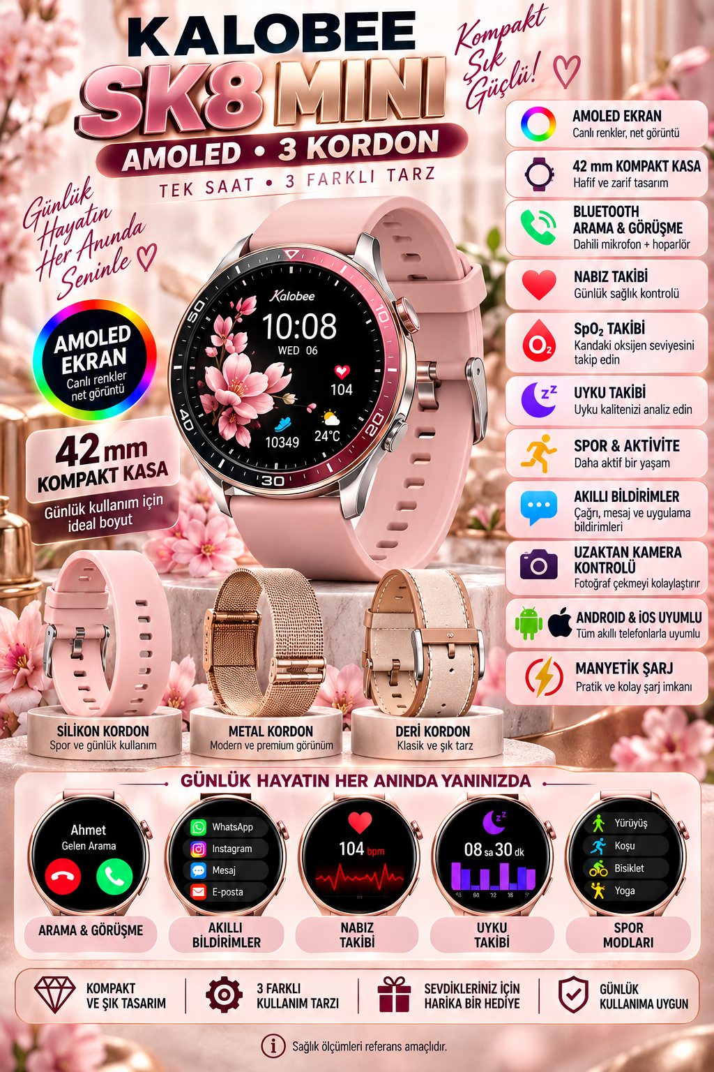 Kalobee SK8 Mini AMOLED Akıllı Saat – Bluetooth Görüşme, 42 mm, 3 Kordonlu Set Kalobee SK8 Mini AMOLED Akıllı Saat – Bluetooth Görüşme, 42 mm, 3 Kordonlu Set