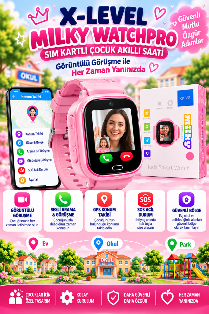 X-LEVEL Milky WatchPro Pembe SIM kartlı görüntülü görüşmeli