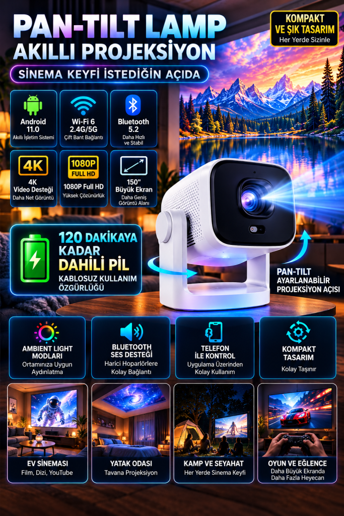 Pan-Tilt Lamp K1 Android 11 Wi-Fi 6 1080P Full HD 2.5 saat dahili pilli akıllı projeksiyon