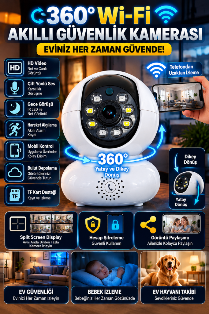 360° Wi-Fi Akıllı Güvenlik Kamerası – HD Görüntü, Gece Görüş, Çift Yönlü Ses ve Hareket Algılama