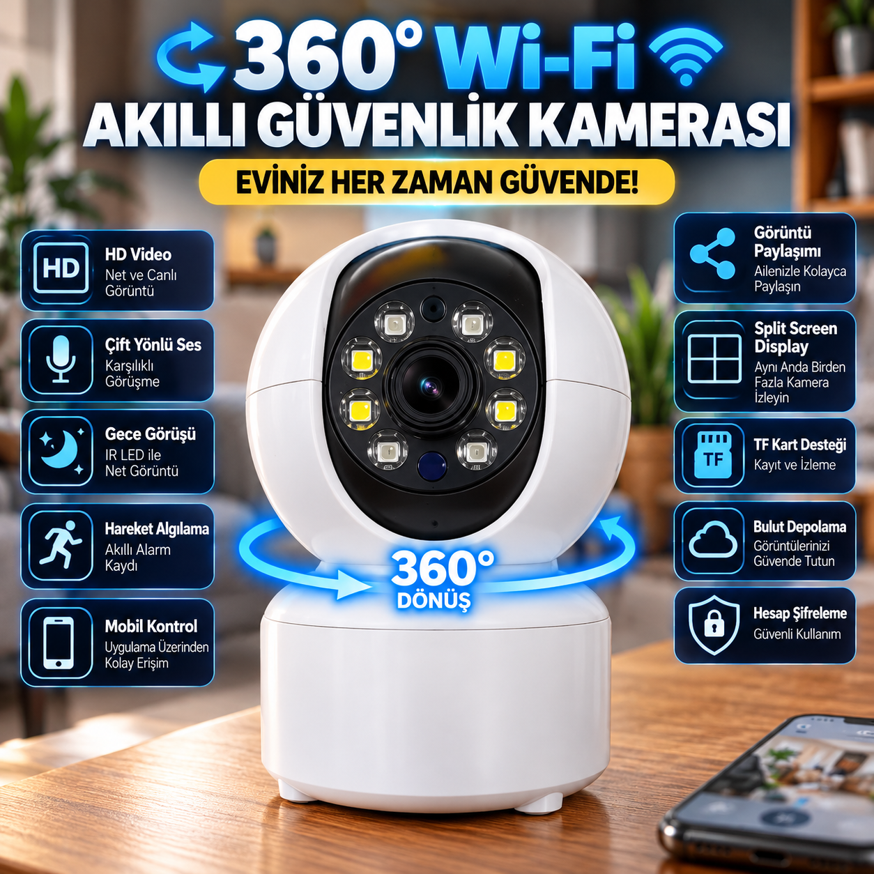 360 derece Wi-Fi HD gece görüşlü çift yönlü sesli akıllı güvenlik kamerası 360 derece Wi-Fi HD gece görüşlü çift yönlü sesli akıllı güvenlik kamerası
