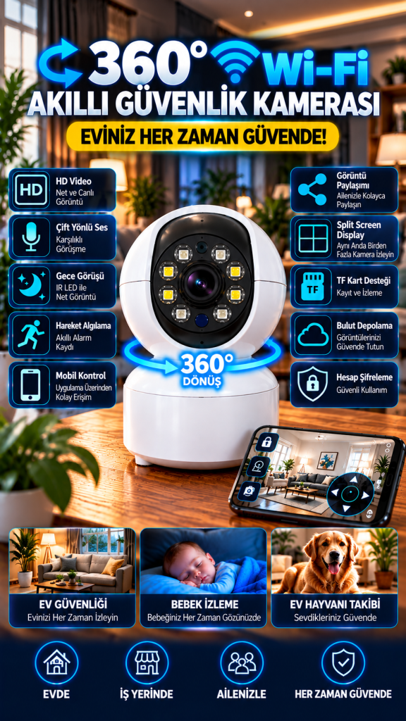 360° Wi-Fi Akıllı Güvenlik Kamerası – HD Video, Gece Görüş, Çift Yönlü Ses ve Hareket Algılama