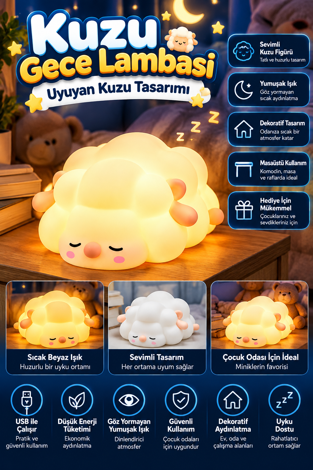 Uyuyan Kuzu Gece Lambası – Sevimli Dekoratif Çocuk Odası Masaüstü Lambası Uyuyan Kuzu Gece Lambası – Sevimli Dekoratif Çocuk Odası Masaüstü Lambası