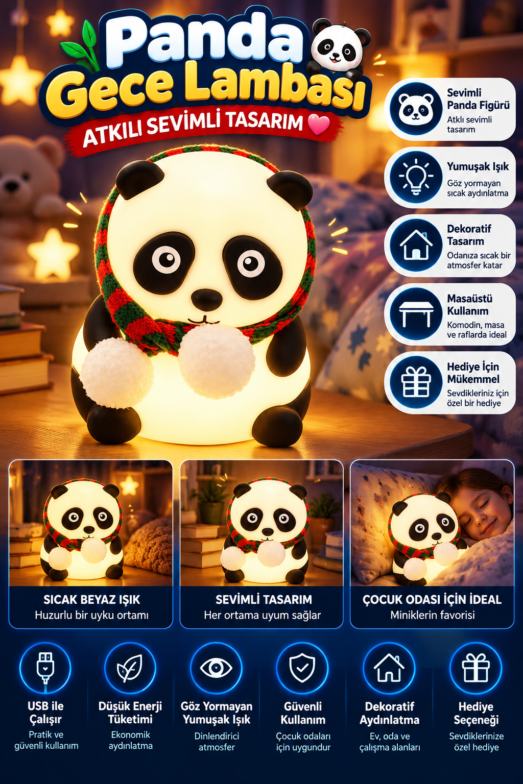 Atkılı Panda Gece Lambası – Sevimli Dekoratif Çocuk Odası Masaüstü Lambası Atkılı Panda Gece Lambası – Sevimli Dekoratif Çocuk Odası Masaüstü Lambası
