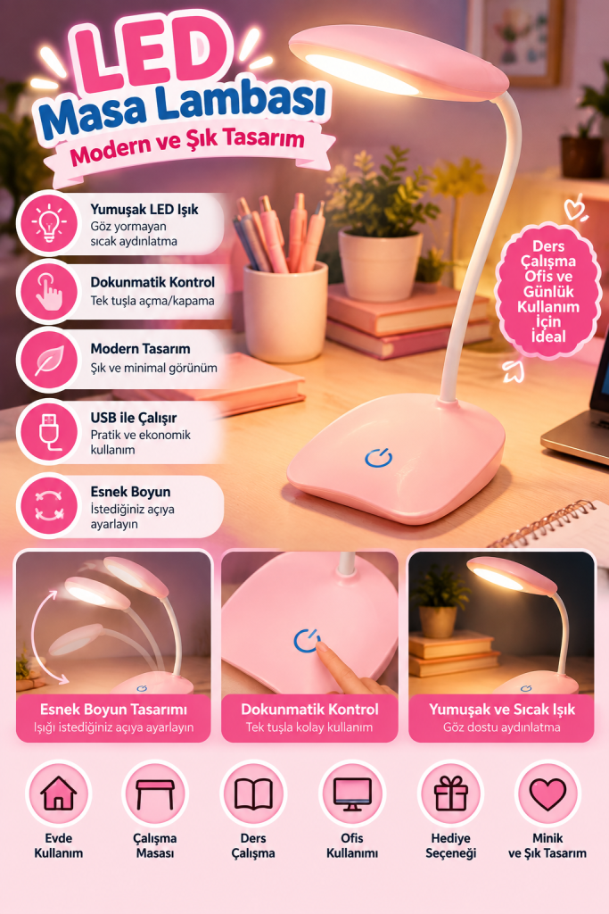 Pembe dokunmatik LED esnek boyunlu çalışma ve okuma masa lambası