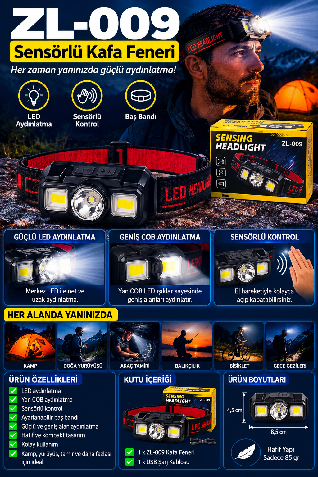 ZL-009 Sensörlü Şarjlı LED + COB Kafa Feneri – El Hareketi Kontrollü Baş Lambası ZL-009 Sensörlü Şarjlı LED + COB Kafa Feneri – El Hareketi Kontrollü Baş Lambası
