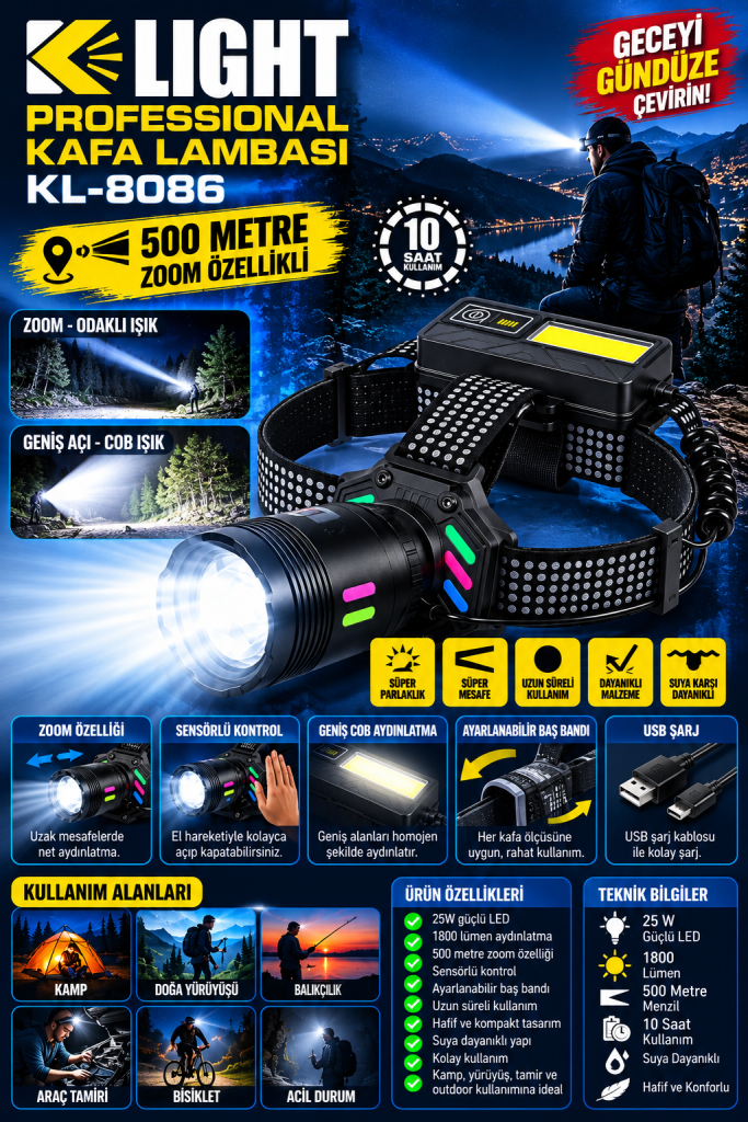K-Light KL-8086 Professional Şarjlı Zoomlu Kafa Lambası
