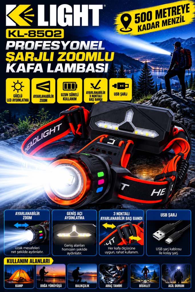 K-LIGHT KL-8502 Profesyonel Şarjlı Zoomlu Çift Taraflı Kafa Lambası – 25W 1800 Lümen, 500 Metre Menzil