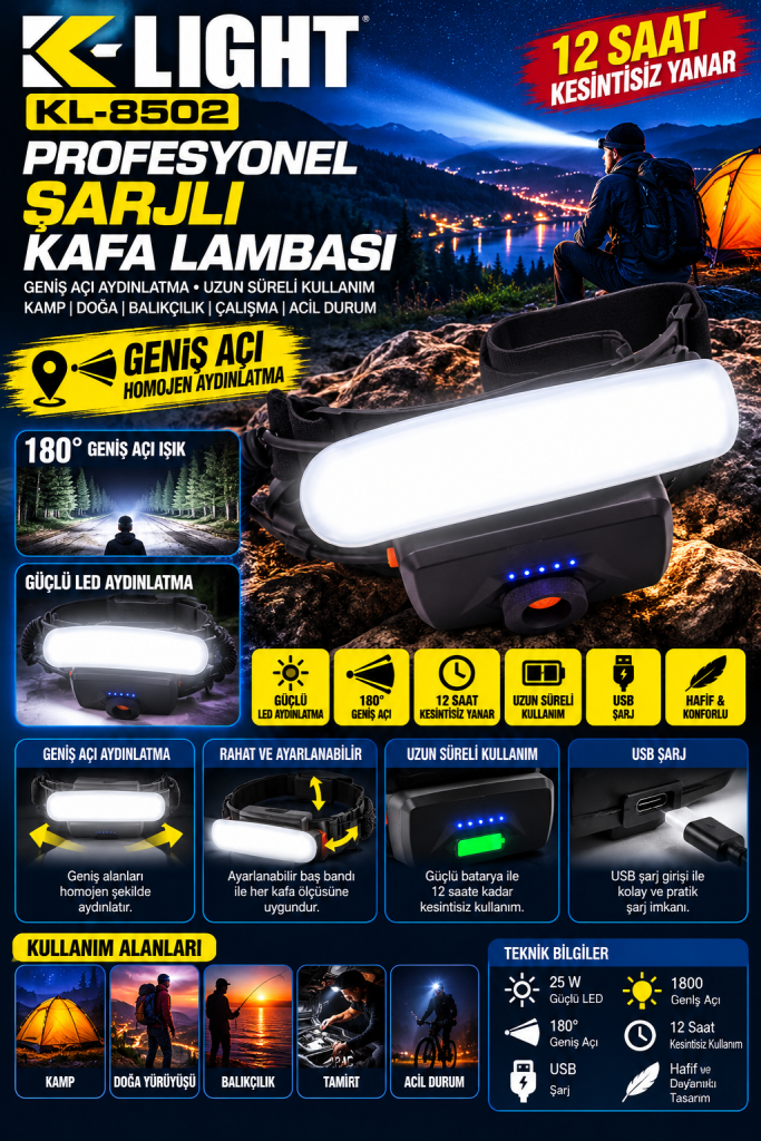 Şarjlı Geniş Açılı LED Kafa Lambası – 12 Saat Kesintisiz Kullanım