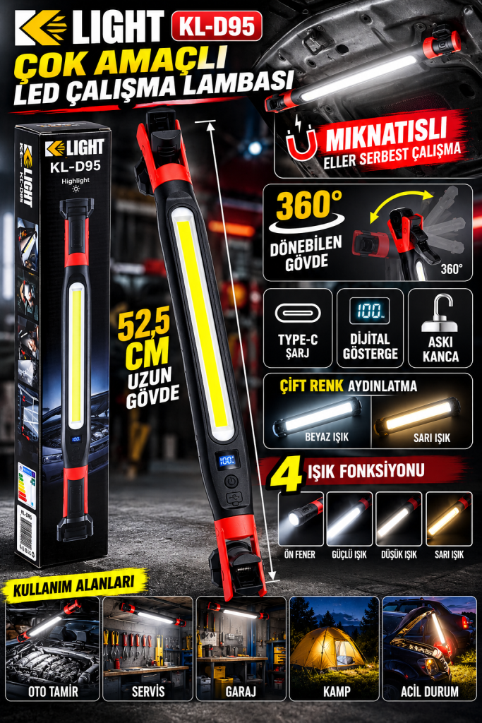 K-LIGHT KL-D95 Mıknatıslı 360° Döner Şarjlı LED Çalışma Lambası – 52,5 cm