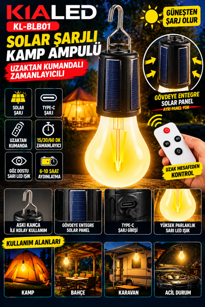 KIALED KL-BLB01 Solar Şarjlı Kumandalı Kamp Ampulü – Type-C, Zamanlayıcı