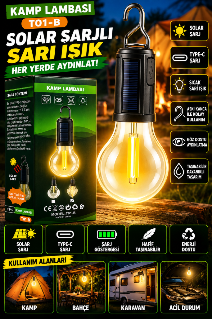 T01-B Solar Şarjlı Kamp Lambası – Type-C, Sıcak Sarı LED